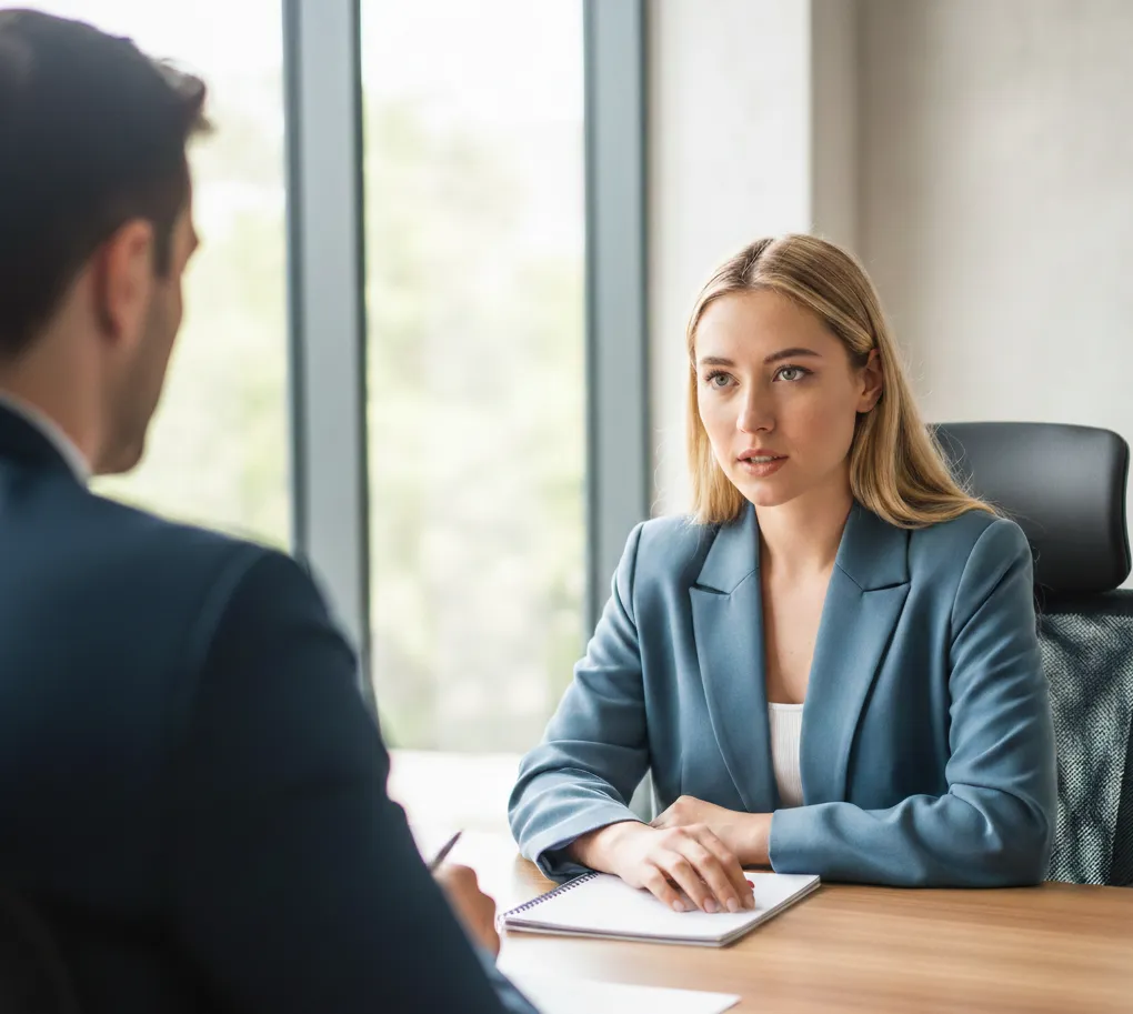 Candidate en entretien d’embauche face à un recruteur dans un bureau lumineux.