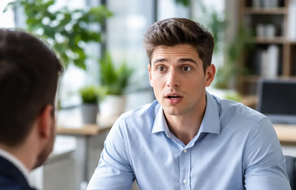 Candidat surpris lors d’un entretien d’embauche face à un recruteur, dans un bureau moderne.